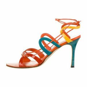 MANOLO BLAHNIK Vintage Leather Stiletto Heeled Sandal, Orange, EU Size 38.5